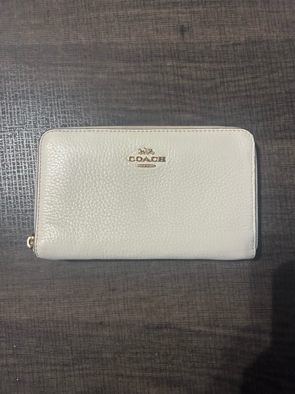 Coach Pebbled Zip-Around Wallet in Off-White with Gold Logo